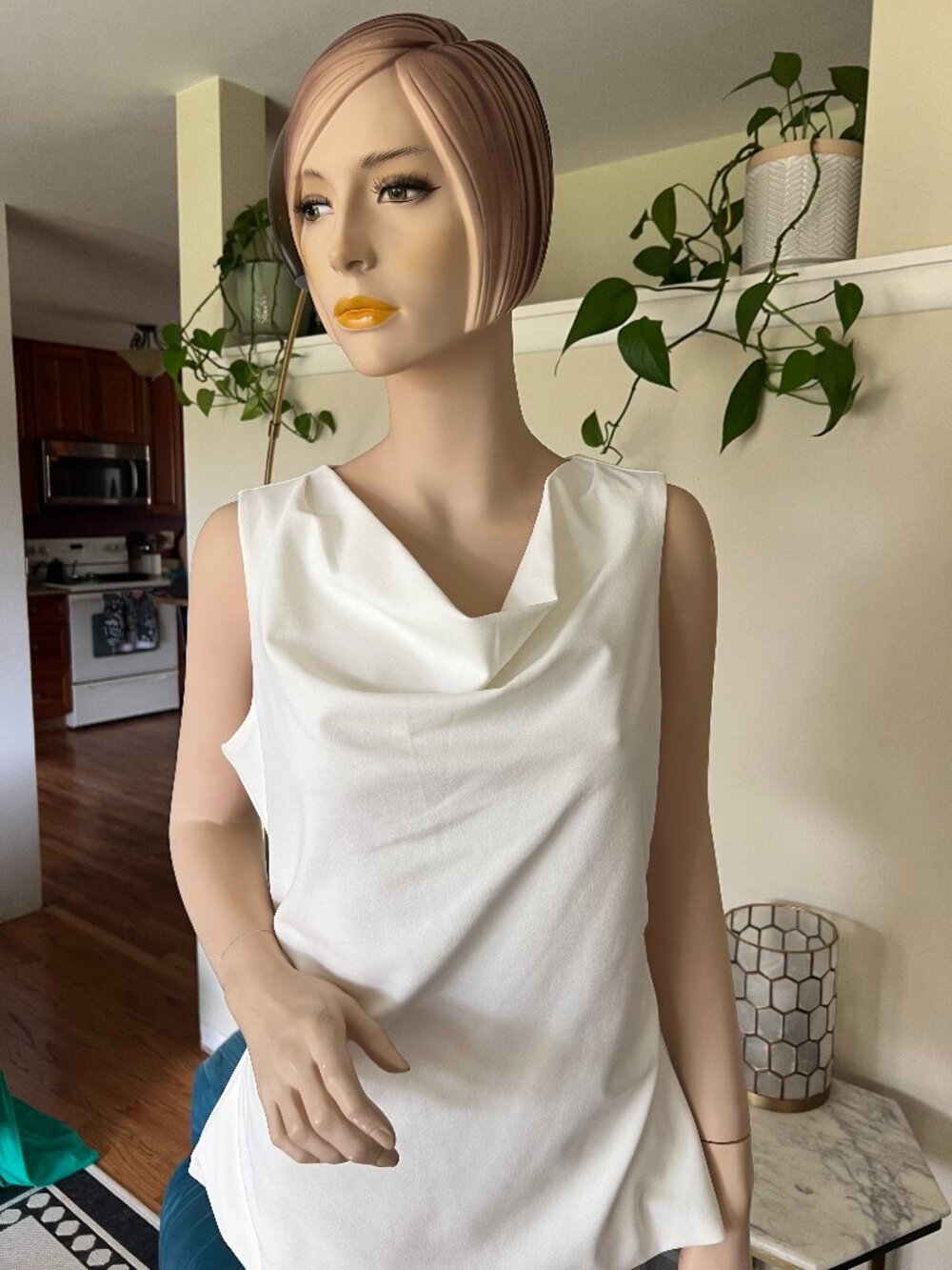 NWT White House Black Market WHBM Sleeveless Drape Crepe Cowl Neck Blouse Ecru W